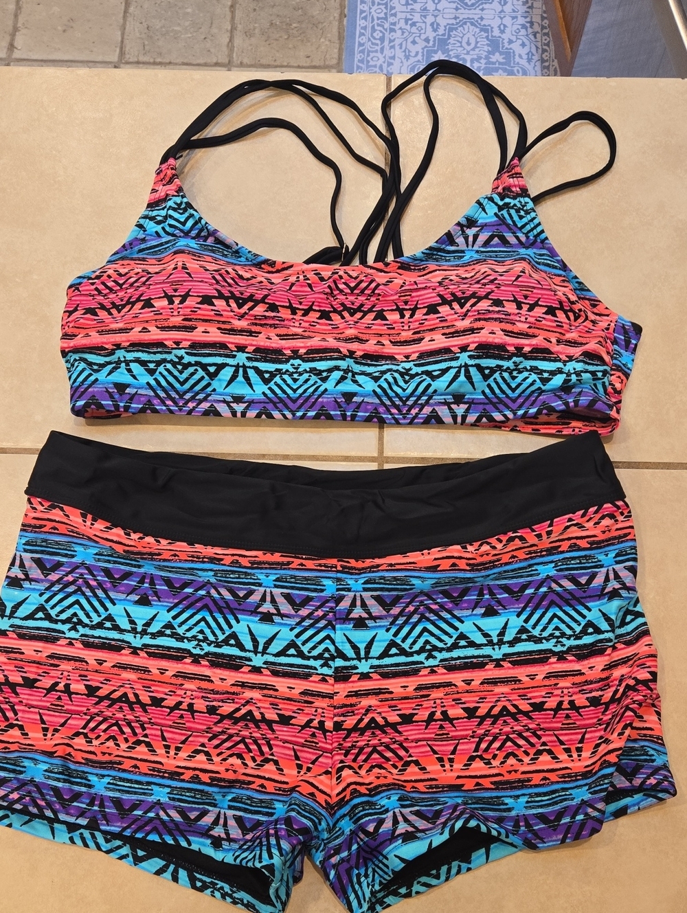 Women's Vibrant Aztec Print Bikini Set in Coral, Teal & Purple